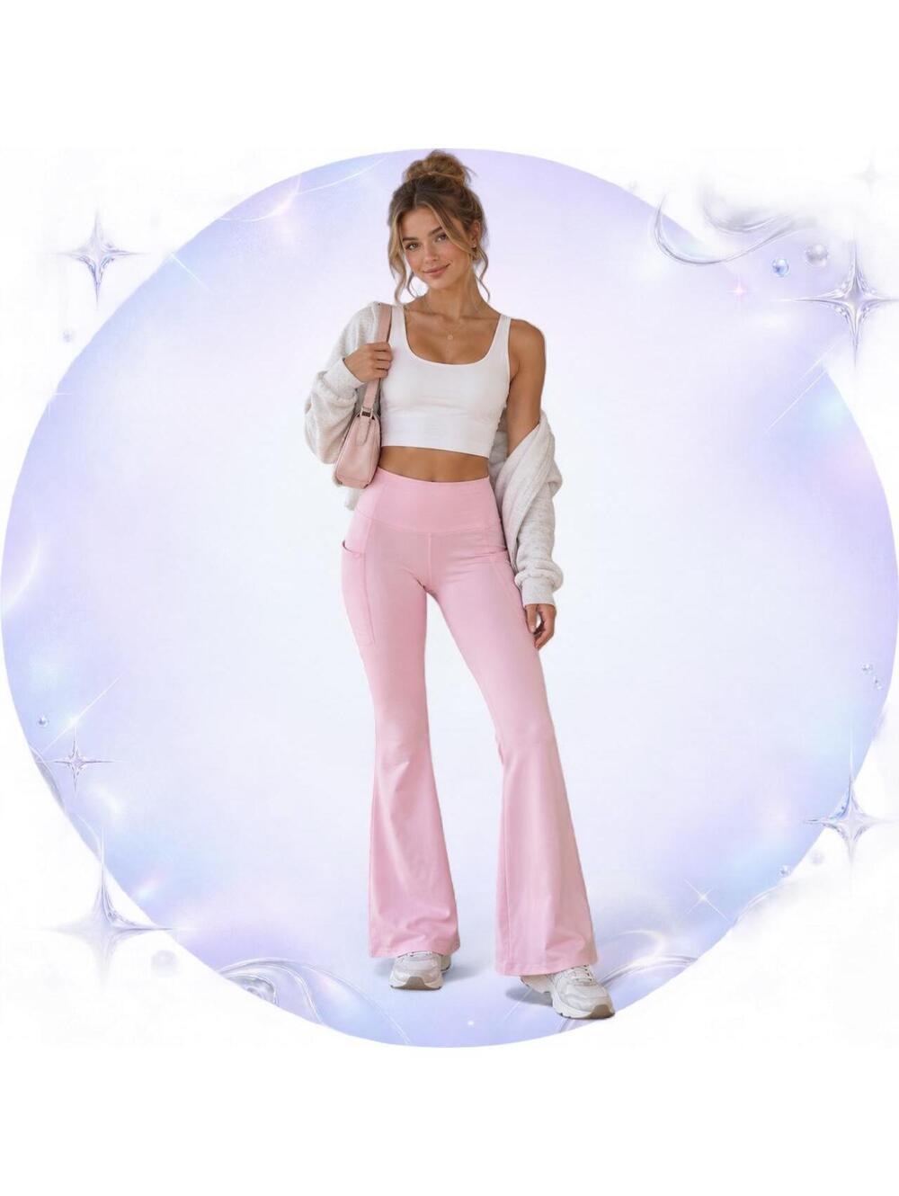 Baby Pink High-Rise Flare Leggings with Pockets Small
